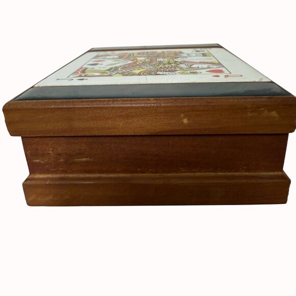 Wooden Playing Card Box Ceramic Tile King Queen Spades Vintage MCM Green Felt - Picture 16 of 16